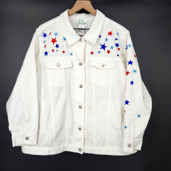 Quacker Factory Womens White Denim Jacket 1X Red Blue Angel Stars Embroidered - Picture 1 of 8